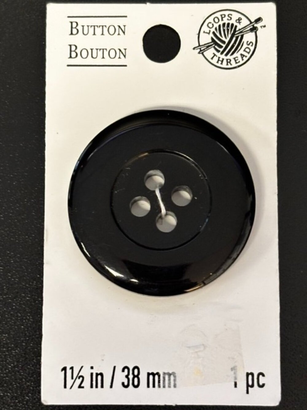 Loops & Threads Black Button 38mm 1.5in Large 4 Hole Sewing Coat Button